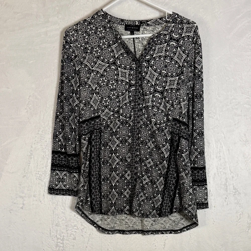 Lucky Brand NWT Button Down Black and White Geometric Women's Top Large
